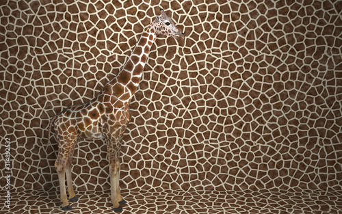 Wild animal giraffe standing indoors merging with spotted background with a pattern of the skin of a giraffe.  Creative conceptual illustration. 3D rendering.