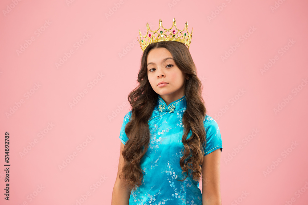 Lady little princess. Girl wear crown. Princess manners. Award concept. Winner of beauty competition. International beauty contest. Kid wear golden crown symbol of princess. Become princess