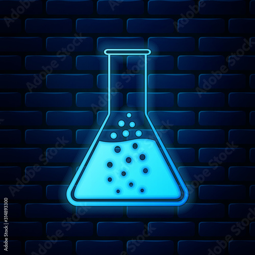 Glowing neon Test tube and flask - chemical laboratory test icon isolated on brick wall background. Vector Illustration