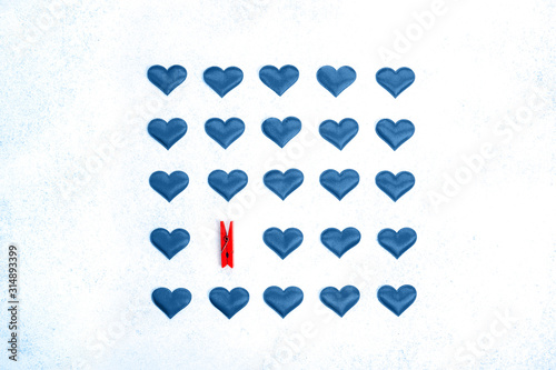 Valentines Day background with classic blue hearts, top view