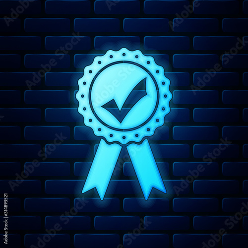 Glowing neon Approved or certified medal with ribbons and check mark icon isolated on brick wall background. Vector Illustration