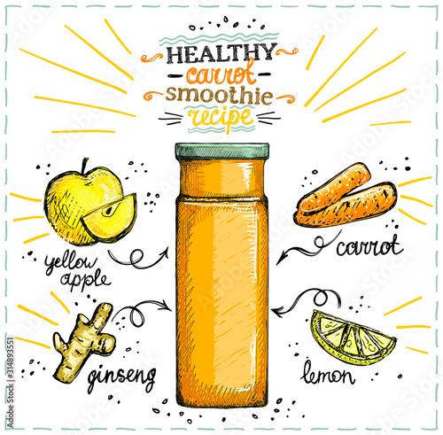 Healthy carrot smoothie recipe, vegetarian smoothie menu with ingredients