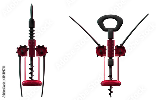 Isolated corkscrew transparent mechanism. Before, after. Open and closed. Bright, reflective. Modern red glass cork screw. White background. Top front view. High resolution. 3d illustration