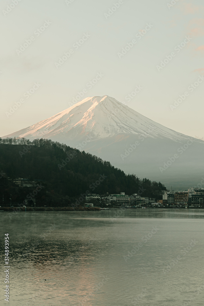 Landscape of Fuji mountain view and Kawaguchiko lake in morning sunrise, winter seasons at yamanachi, Japan.