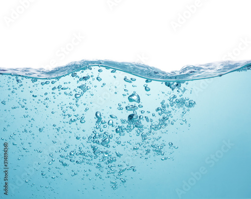 blue water with splash and air bubbles on white background