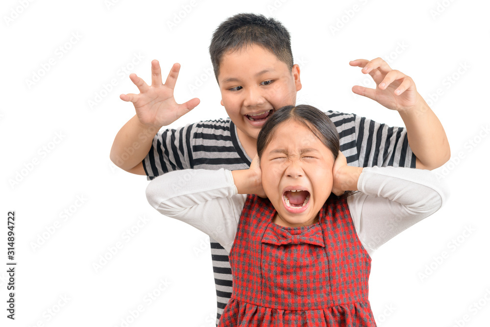 Angry elder brother attcks his sister isolated. Angry elder brother attcks his sister isolated.