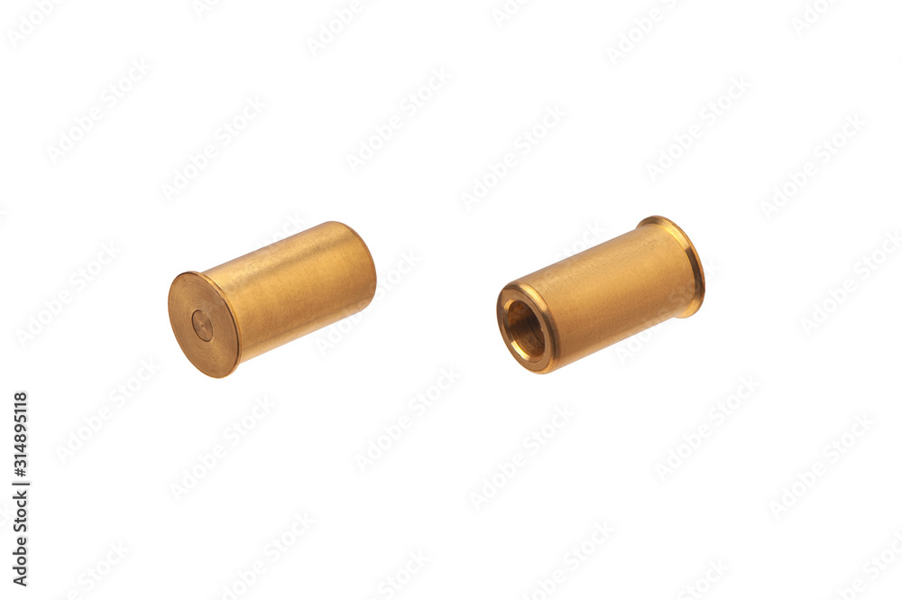 False ammo for idle double-barreled shotgun shutter. Metal cylinders isolate on a white background.