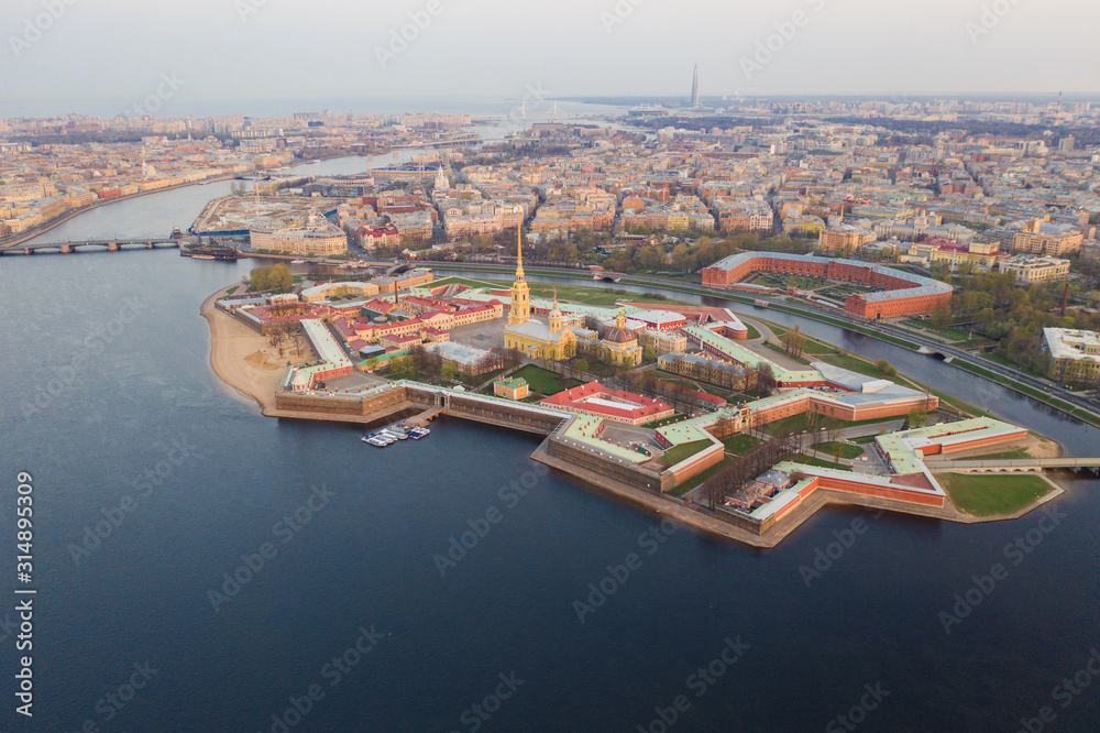 Saint Petersburg. Russia. Panorama of St. Petersburg. Peter and Paul Fortress top view. Rabbit Island. Vasilyevsky Island. Travel to Russia.