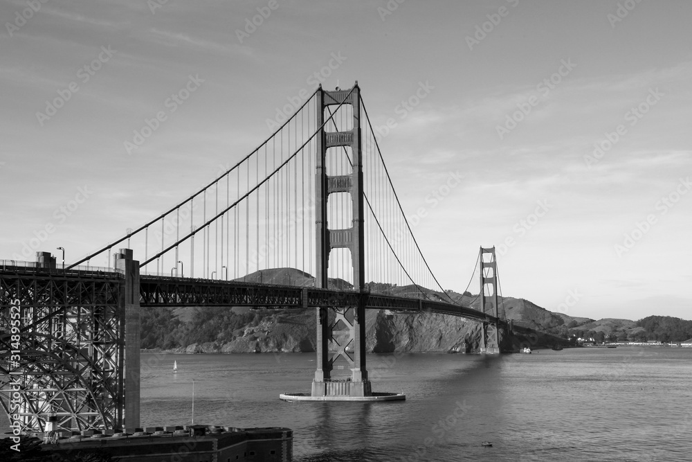 The Golden Gate Bridge is landmark in San Francisco, California, USA. Tone black and white