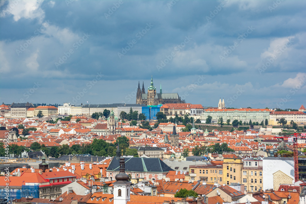 View of Prague and Prague Castle in cloudy weather