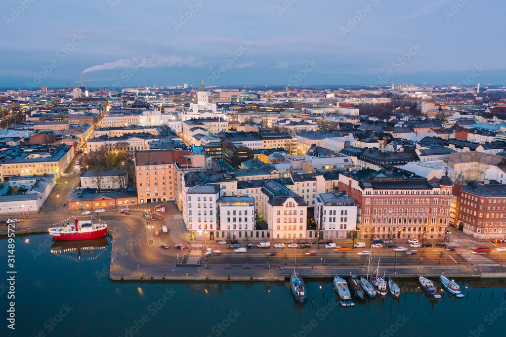 Aerial view morning panorama of the Old Town pier in Helsinki, Finland