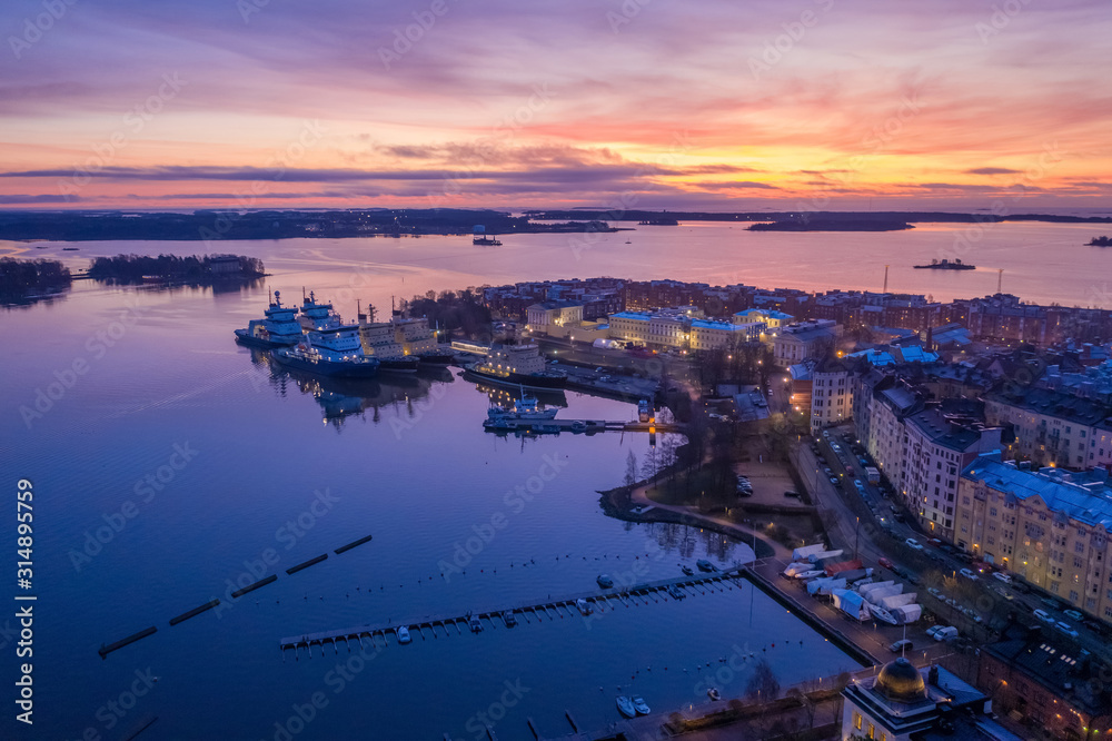 Helsinki. Finland. Bird eye view of the city from the Gulf of Finland, aerial view