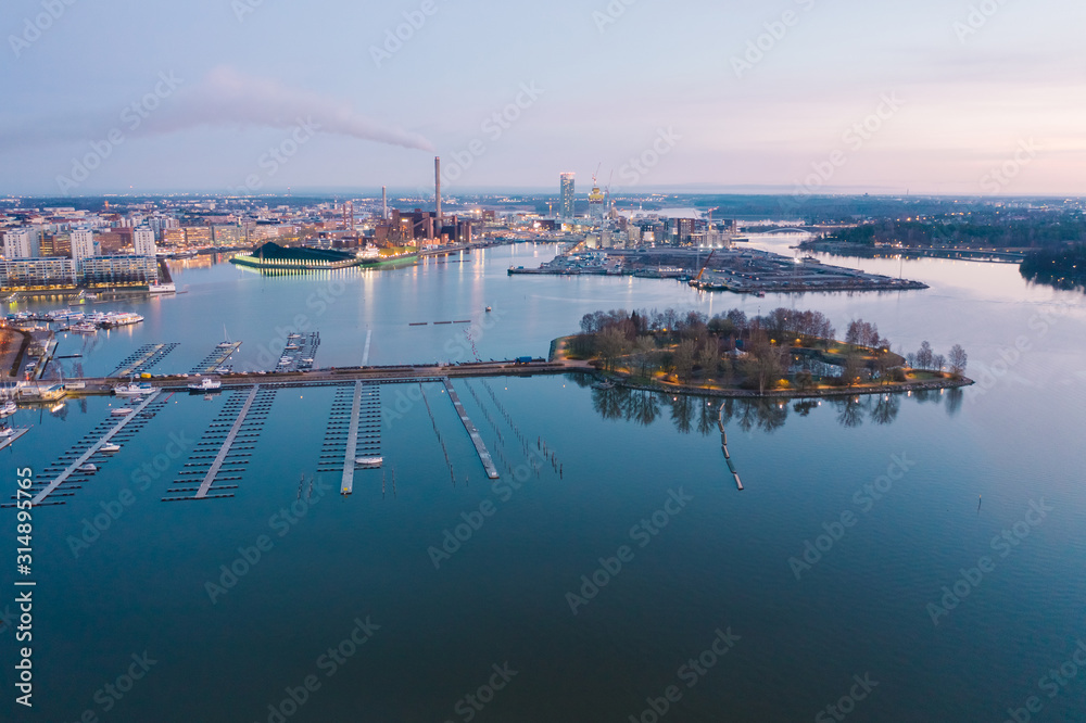 Helsinki. Finland. Bird eye view of the city from the Gulf of Finland, aerial view