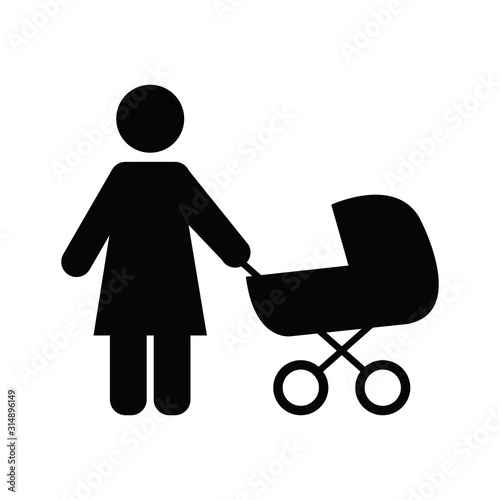 The woman with a stroller icon. Mother and child icon
