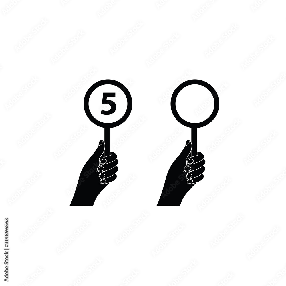Jury Evaluation Number icon. Judges vote icon hand holding round signs for scores competition, tournament or game. Jury Evaluation Number icon. Judges vote icon hand holding round signs for scores competition, tournament or game.