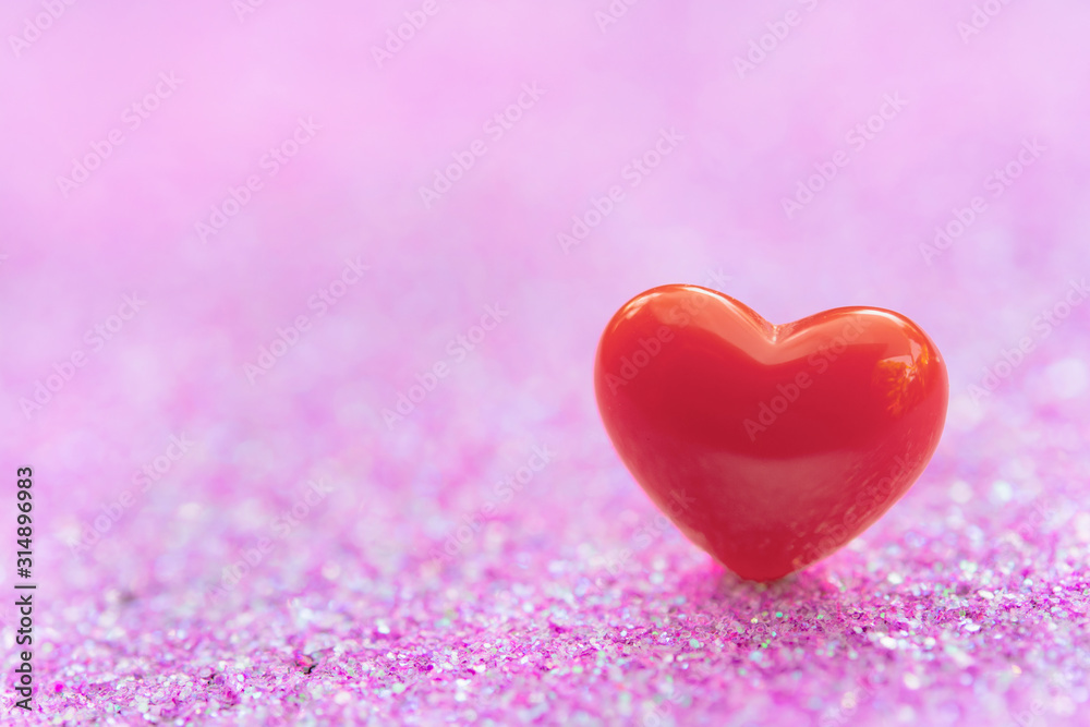 Valentines Day background with Red heart shapes on abstract light pink glitter background, Copy space