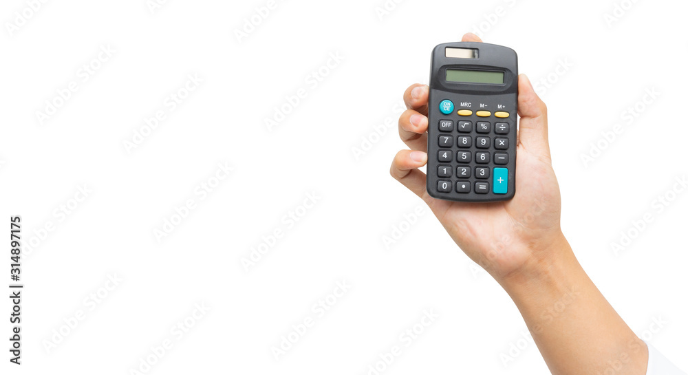 close up employee man hand holding calculator isolated on white color background for business and finance design concept - obrazy, fototapety, plakaty 
