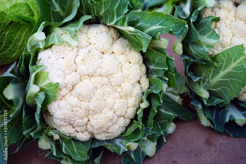 Fresh organic white cauliflower at a farmers market