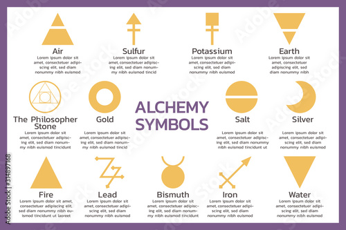 alchemy symbol infographic elements concept, occultism sign, magic symbols, mystery icon, flat vector illustration design photo