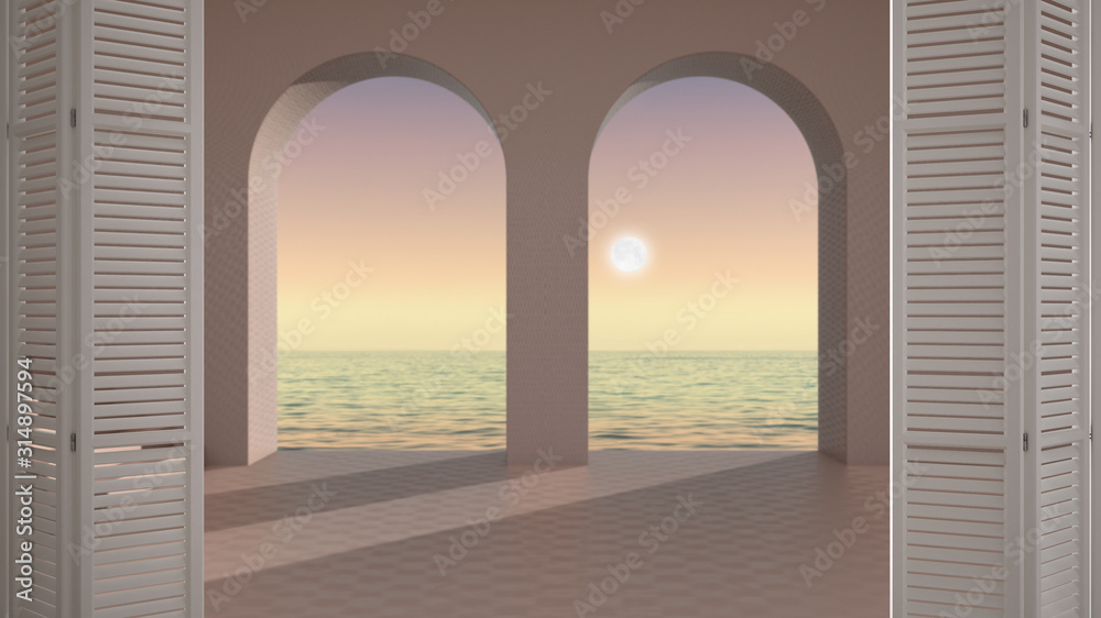 White folding door opening on empty space with arched window and staircase, concrete rosy walls, terrace with sunrise sunset sea panorama, architect designer concept, blur background