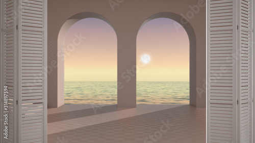 White folding door opening on empty space with arched window and staircase, concrete rosy walls, terrace with sunrise sunset sea panorama, architect designer concept, blur background