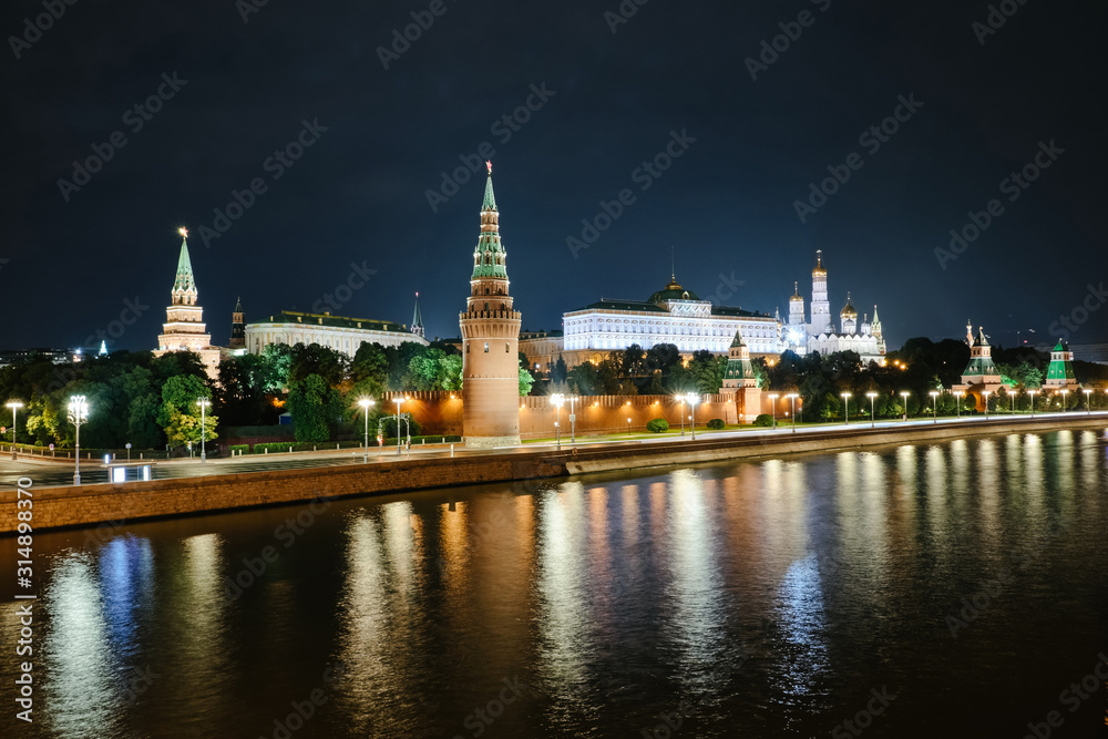 MOSCOW, RUSSIA - AUGUST, 2019: Dusk view of the Moscow Kremlin from Moskva river, Moscow, Russia. MOSCOW, RUSSIA - AUGUST, 2019: Dusk view of the Moscow Kremlin from Moskva river, Moscow, Russia.