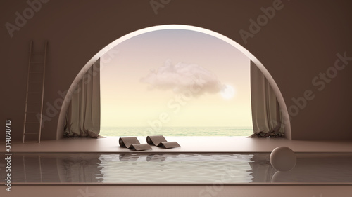 Imaginary fictional architecture, interior design of empty space with arched window with curtain, concrete rosy walls, swimming pool with chaise longue, sunrise sunset sea panorama