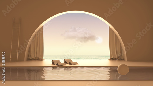 Imaginary fictional architecture, interior design of empty space with arched window with curtain, concrete orange walls, swimming pool with chaise longue, sunrise sunset sea panorama