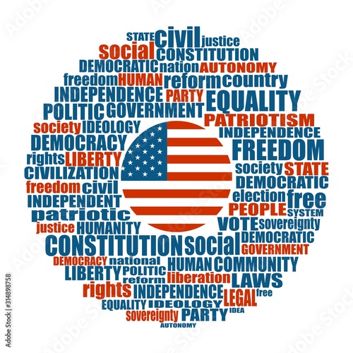 Word cloud with words related to politics, government, parliamentary democracy and political life. Flag of the USA