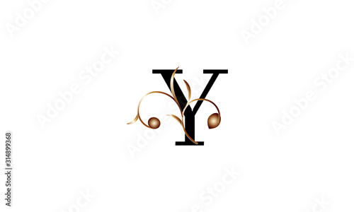Elegant letter Y in black with a botanical metallic element. Vector logo design. Alphabet label sign for brand and identity.
