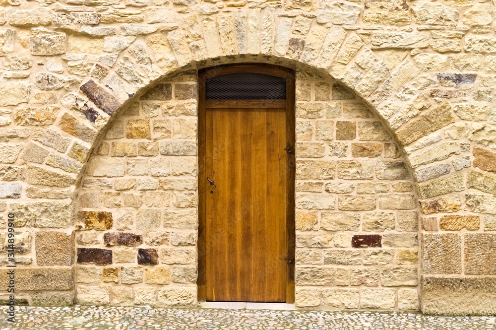 Isolated wooden door in a brick wall with a rounded arch (Prague, Czech Republic, Europe)