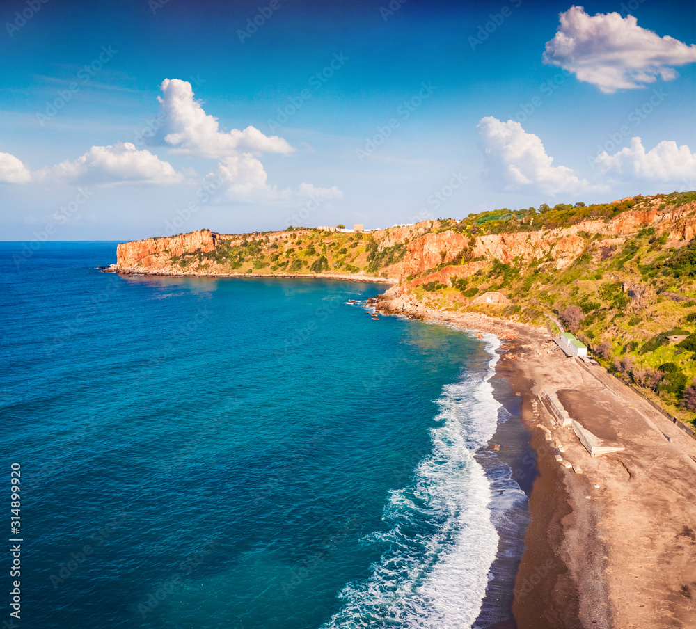 View from flying drone. Amazing spring view of Torre Conca beach. Stunning morning seascape of Mediterranean sea. Attractive outdoor scene of Sicily, Italy, Europe.