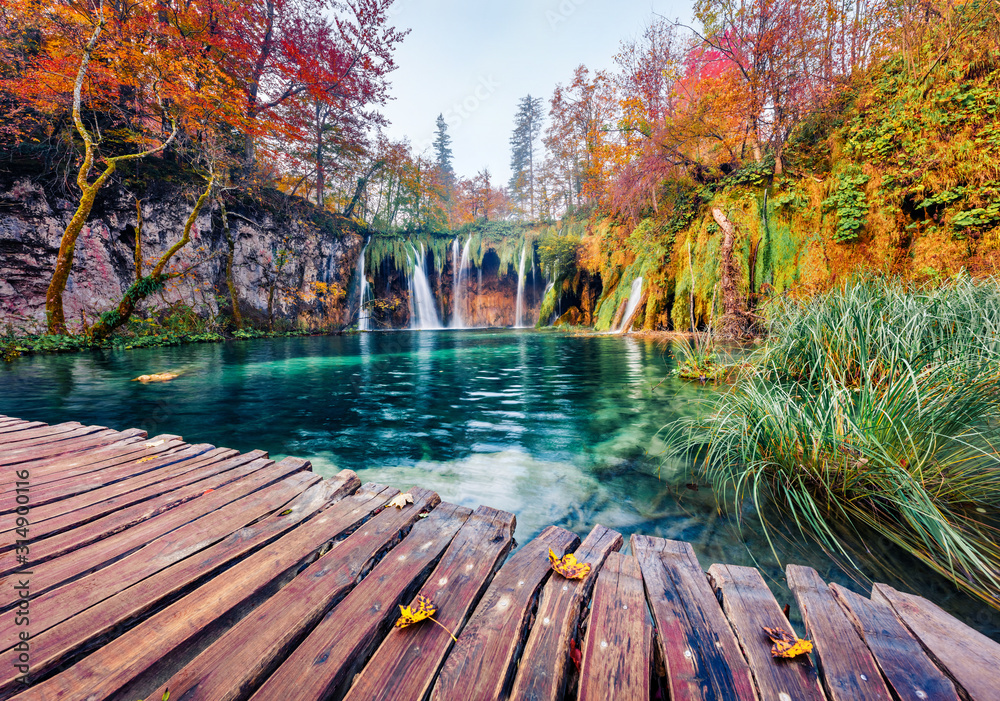 Fototapeta premium Niesamowity poranny widok na wodospad czystej wody w Parku Narodowym Plitwice. Spokojna jesień scena Chorwacji, Europy. Piękno natury koncepcja tło.