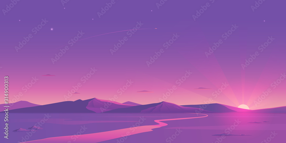 Φωτογραφία The evening landscape of the plain has mountains on the horizon, the sun behind the mountains with wide rays, the river, and a small plane in the sky