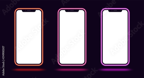 Phone mockup with neon border, red pink purple color. Modern set of phone templates with creative neon frame
