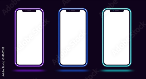 Phone mockup with neon border, violet blue cyan color. Modern set of phone templates with creative neon frame