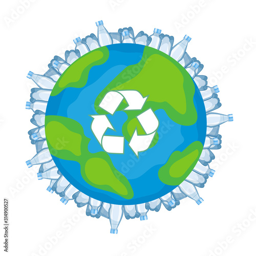 Earth world globe and plastic bottle waste. Concept of plastic pollution and ecology.