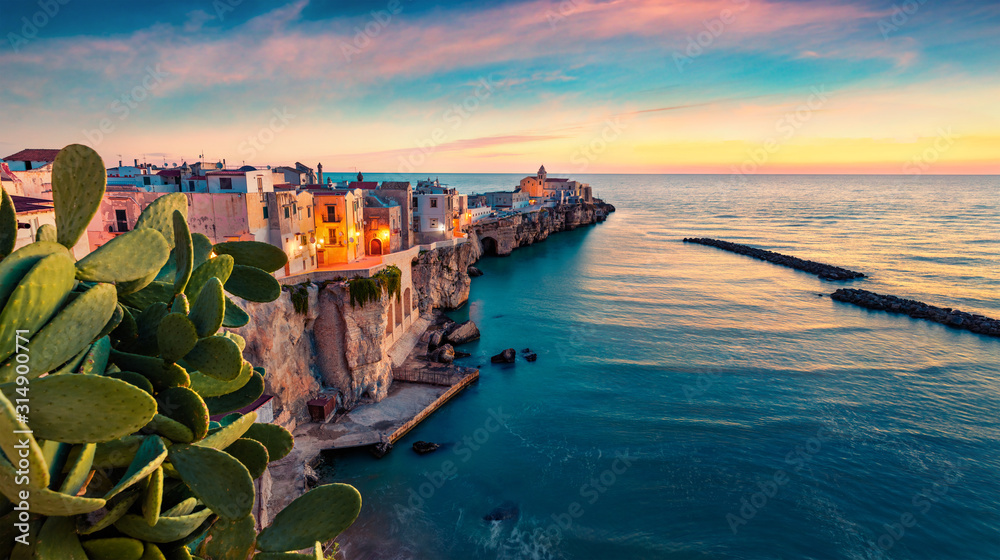 Awesome evening cityscape of Vieste - coastal town in Gargano National Park, Italy, Europe. Captivating spring sunset on Adriatic sea. Traveling concept background.