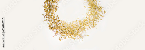 Flat lay ,circular lay out dried golden flowers isolated on white background