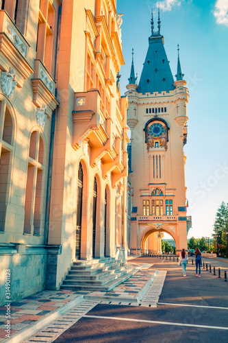 Bright evening view of Cultural Palace Iasi. Attractive summer cityscape of Iasi town, capital of  Moldavia region, Romania, Europe. Architecture traveling background. photo