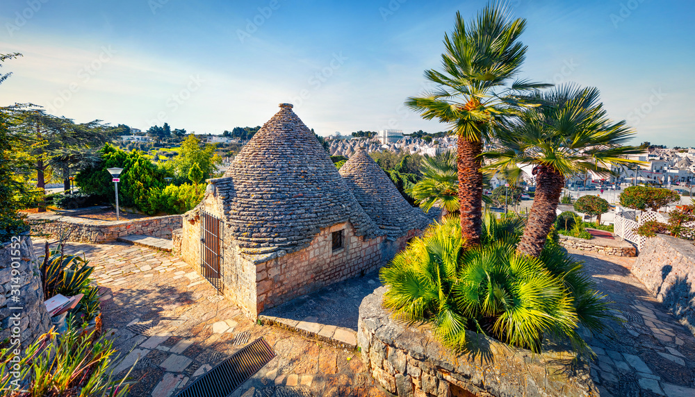 Fototapeta premium Amazing morning view of strret with trullo - traditional Apulian dry stone hut with a conical roof. Impressive spring cityscape of Alberobello town, province of Bari, Apulia region, Italy, Europe.