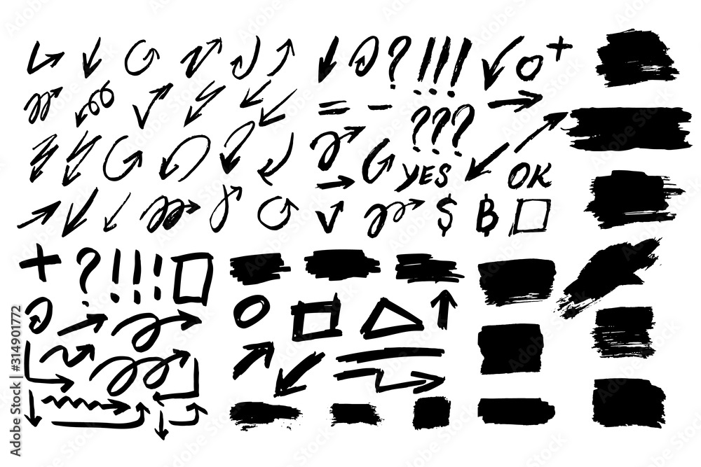 Set of hand drawn geometric shapes, arrows, stains. Design element for logo, label, sign, poster, banner, card. Vector illustration