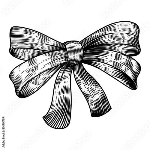 Illustration of bow in engraving style isolated on white background. Design element for emblem, sign, poster, card, banner. Vector illustration