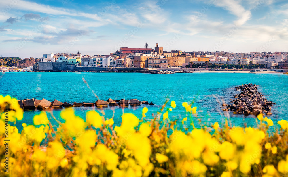 Fototapeta premium Coastal town in southern Italy’s Apulia region - Otranto, Apulia region, Italy, europe. Popular Alimini Beach on background. Traveling concept background.