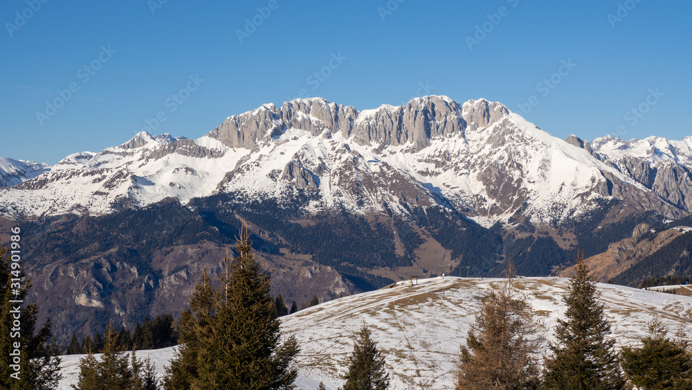 Presolana is a famous mountain range of the Italian Alps. Wonderful landscape in winter time with snow. Orobie mountains. Italy