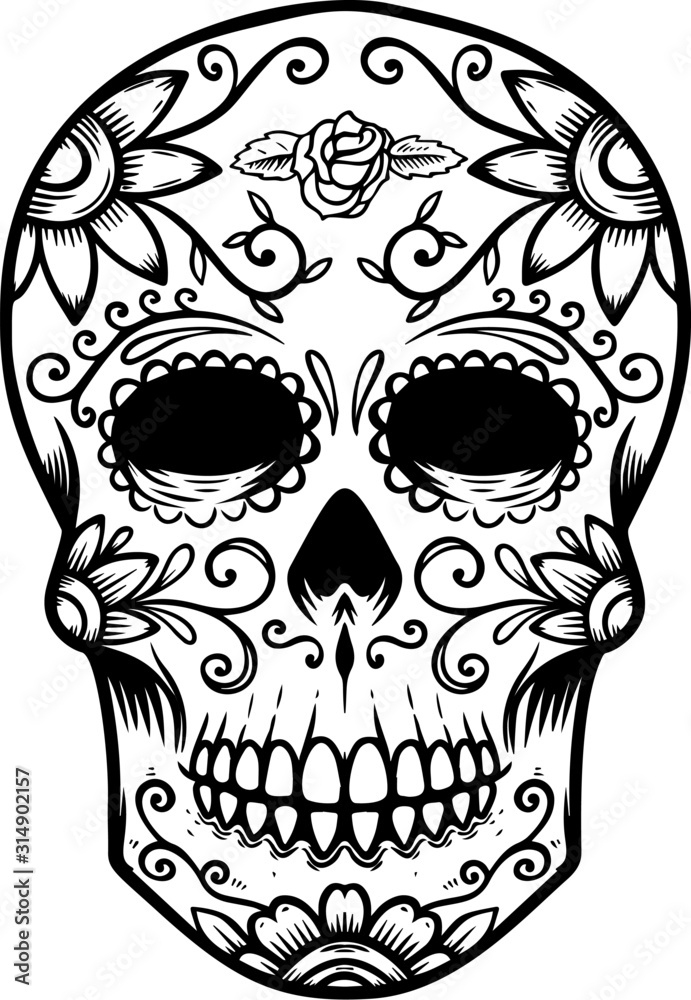Vintage mexican sugar skull isolated on white background. Day of the dead theme. Design element for logo, label, sign, poster. Vector illustration