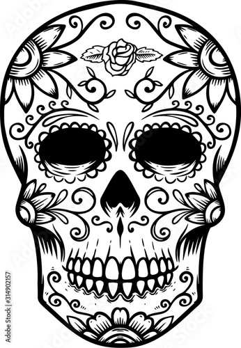 Vintage mexican sugar skull isolated on white background. Day of the dead theme. Design element for logo, label, sign, poster. Vector illustration