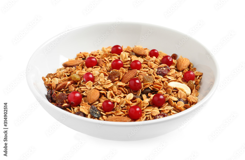 Tasty granola with cranberries isolated on white. Healthy breakfast Tasty granola with cranberries isolated on white. Healthy breakfast