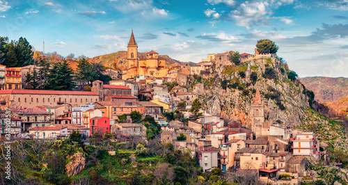 Wonderful morning cityscape of Novara di Sicilia town. Amazing spring view of Sicily, Italy, Europe. Beautiful world of Mediterranean countries. Traveling concept background.