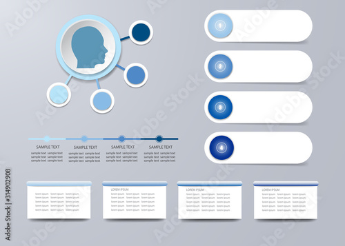 The man's head silhouette with blue icircles around, four blank labels and timeline. 